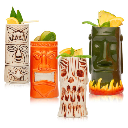 Hand-Carved and Hand-Painted Tiki Mugs - Assorted Set of 8