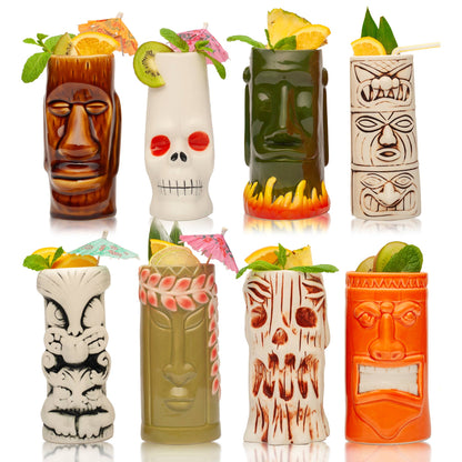 Hand-Carved and Hand-Painted Tiki Mugs - Assorted Set of 8