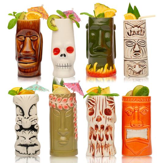 Hand-Carved and Hand-Painted Tiki Mugs - Assorted Set of 8